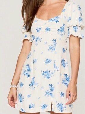 Francesca's Collections Cream Mini Dress with Blue Floral Print